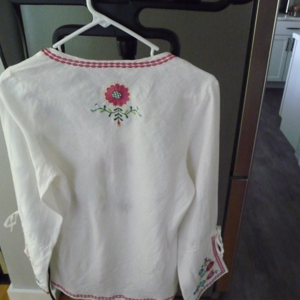 WILLI SMITH  TRENDY BOHEMIAN HIPPIE PEASANT LINEN BLOUSE WITH EMBROIDERY SIZE M - Picture 2 of 7